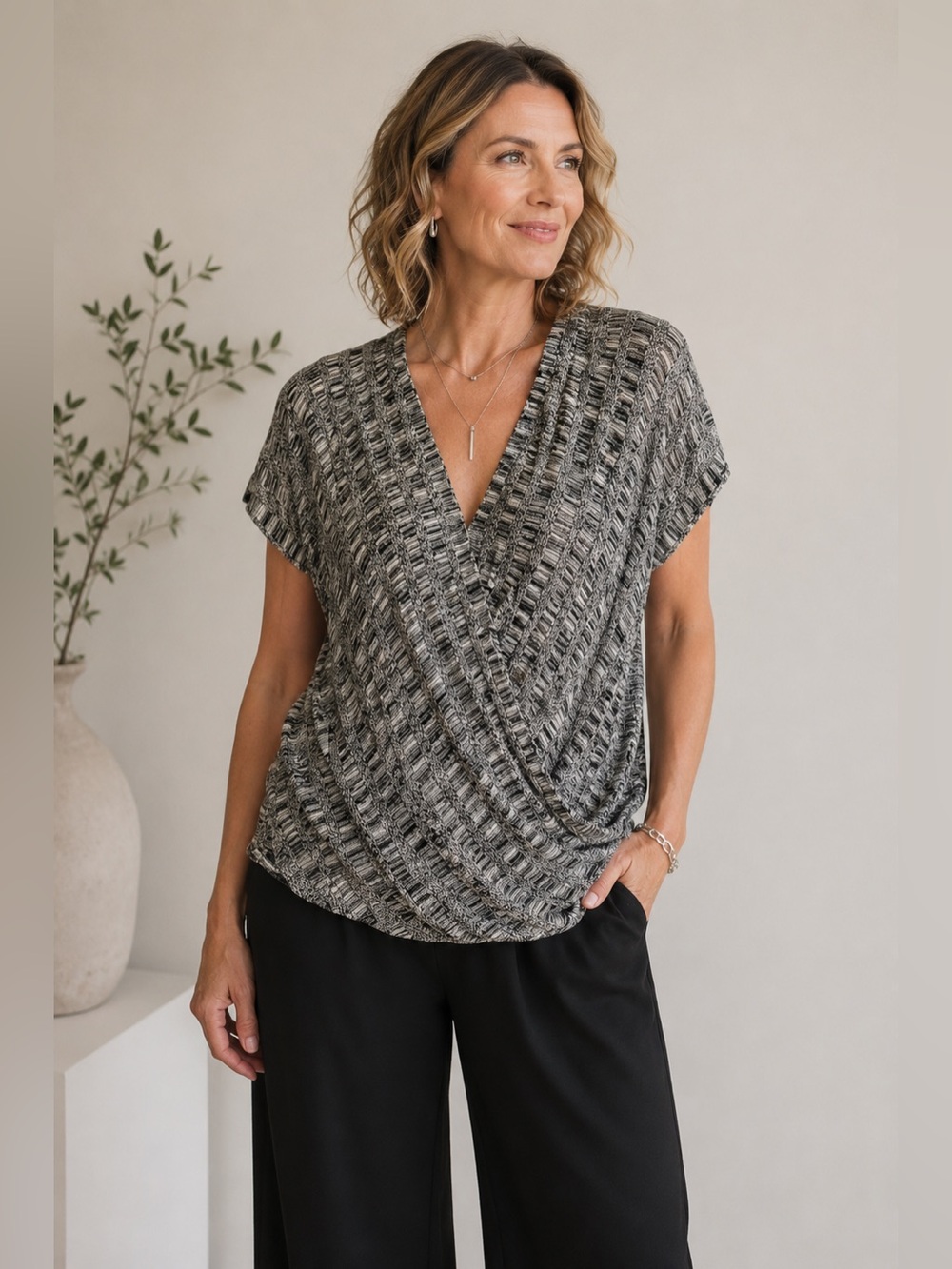 Eileen Fisher Organic Linen & Silk Blend Faux Wrap Knit Top – Size Medium